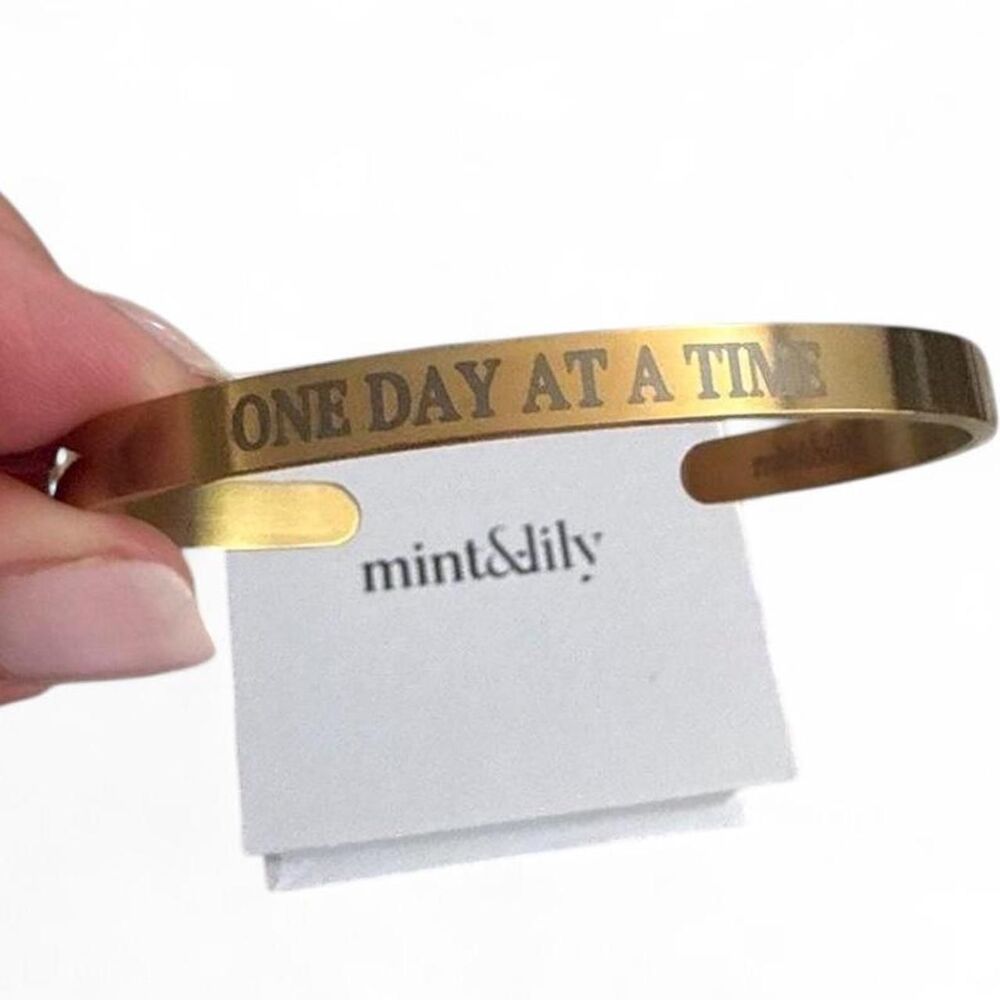 Mint & Lily Gold Cuff Bracelet "One Day at a Time" Inspirational Engraved Bangle